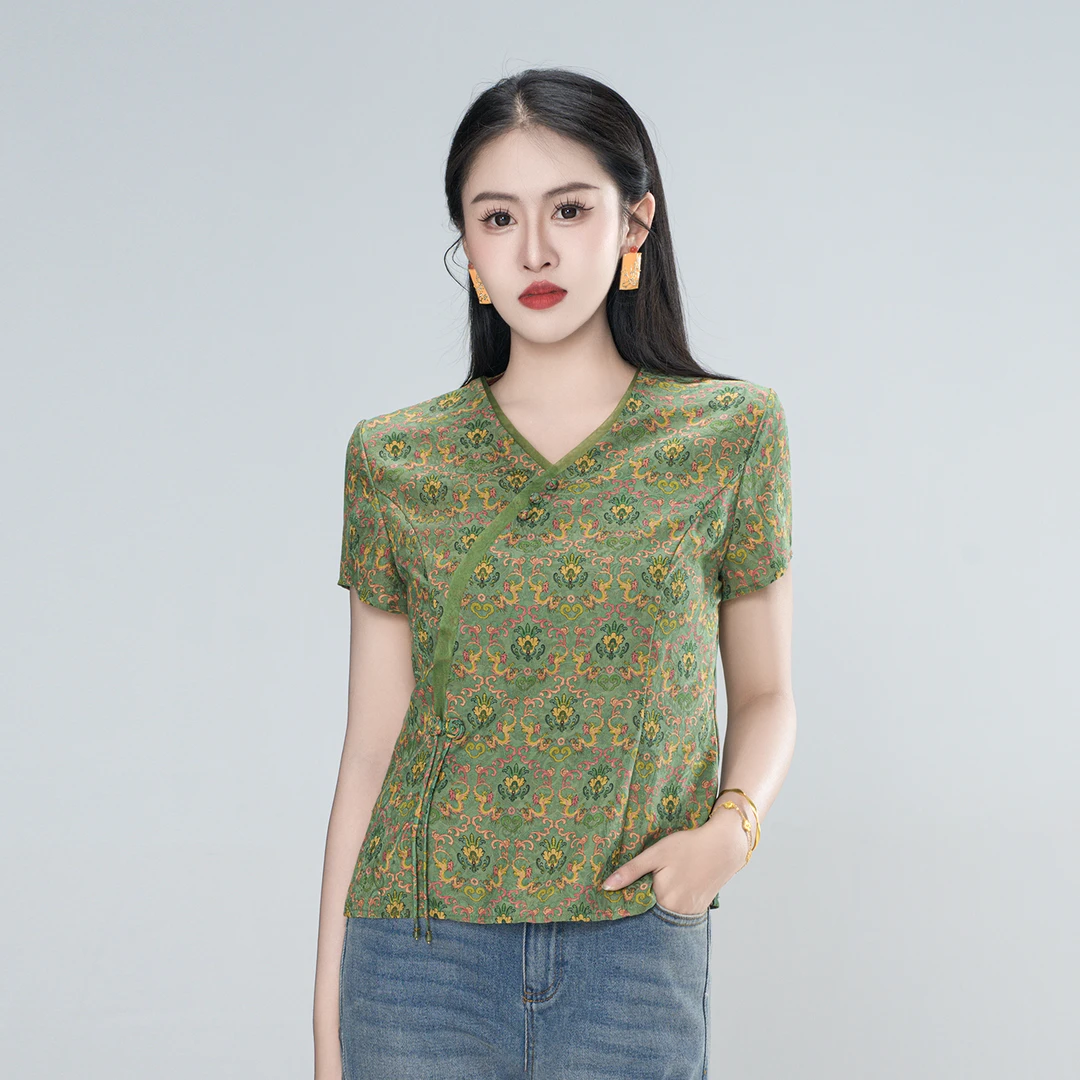 青娘子香云纱（竹苓）提花花萝国风新中式气质百搭短袖上衣60151