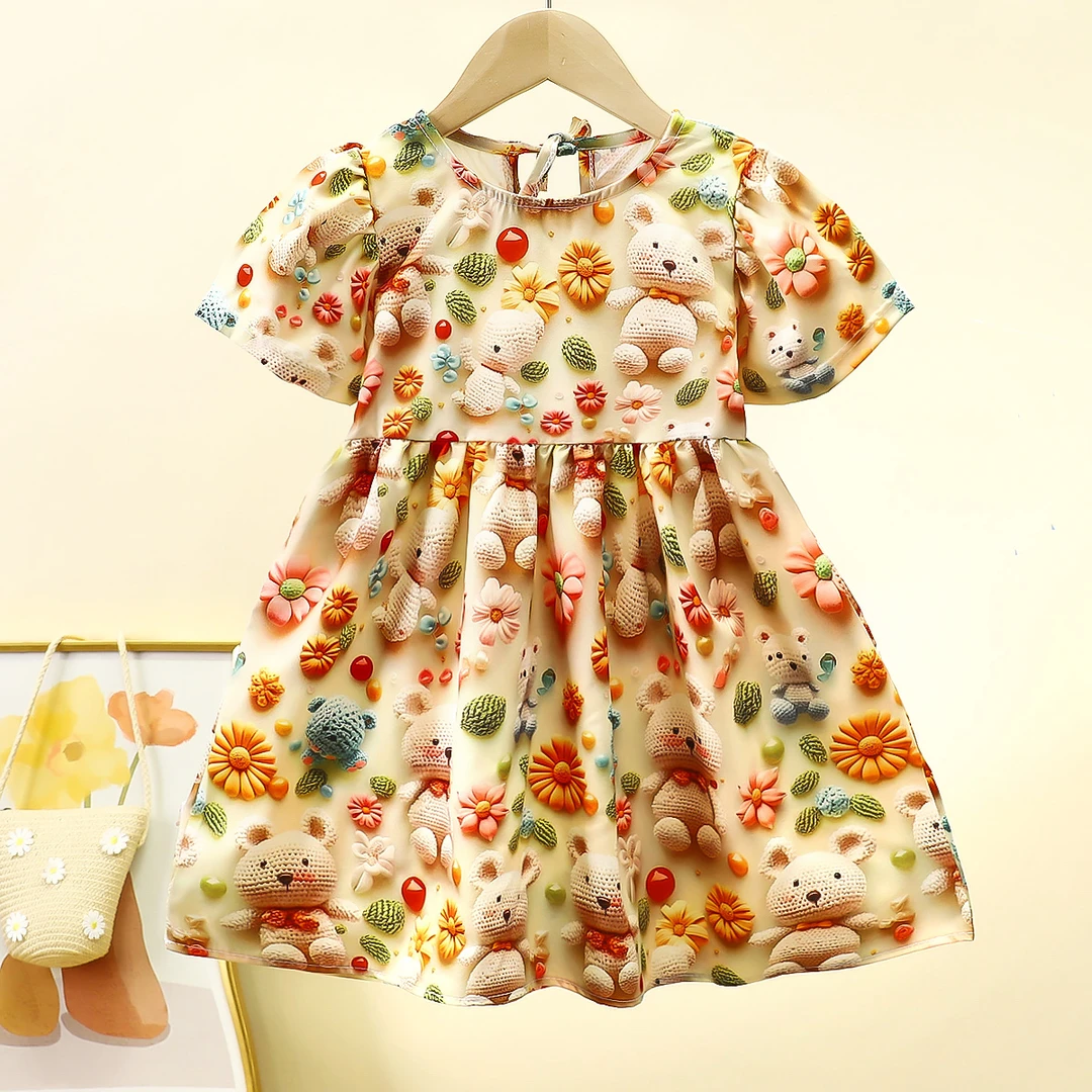 女童卡通3D印花连衣裙夏季2025新款女孩甜美碎花公主裙海边沙滩裙