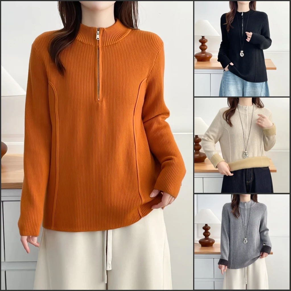 大码胖mm秋冬新款加绒毛衣时尚半拉链立领显瘦打底针织衫女2074