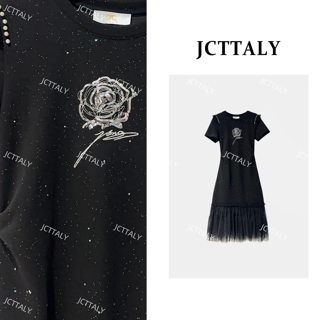 【宠粉价】轻熟气质黑色烫钻玫瑰网纱25夏季新款连衣裙女JC-A3940