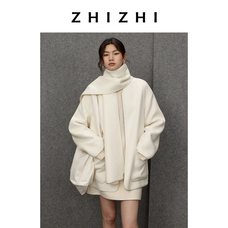 致知 八宝妆 多穿围巾领中长全羊毛毛呢大衣25年冬季ZZ2EWWWQ003