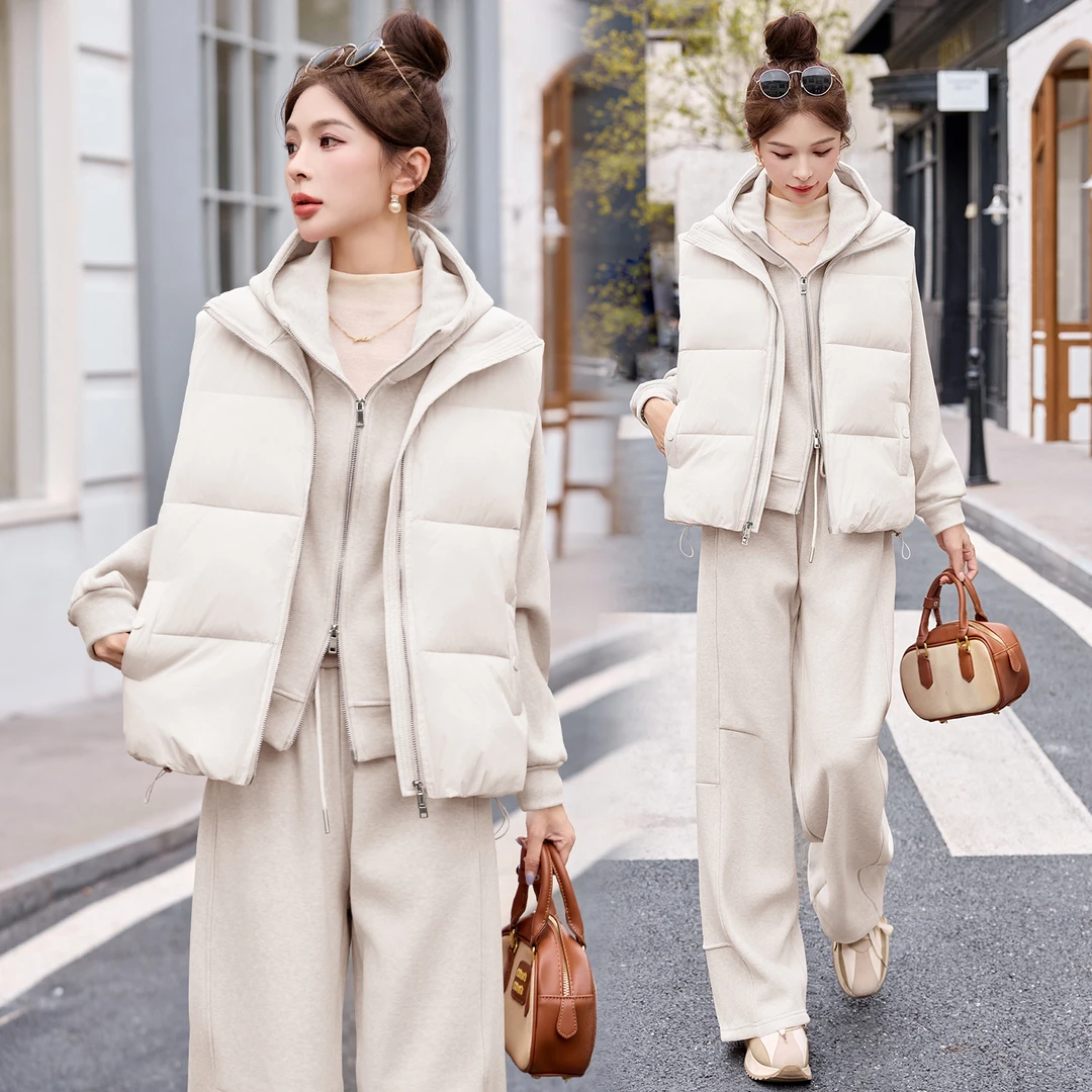 休闲时尚棉衣马甲卫衣套装女2025年冬季新款洋气减龄阔腿裤三件套