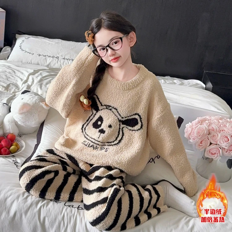儿童珊瑚绒睡衣2025新款冬女童加厚半边绒家居服女孩加绒保暖套装