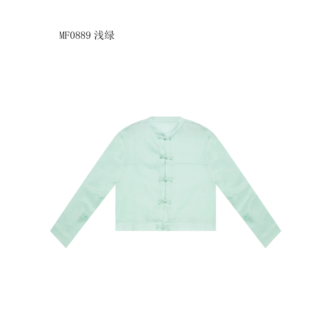 【麻訪家】MF0889浅绿文艺简约盘扣百搭长袖开衫上衣