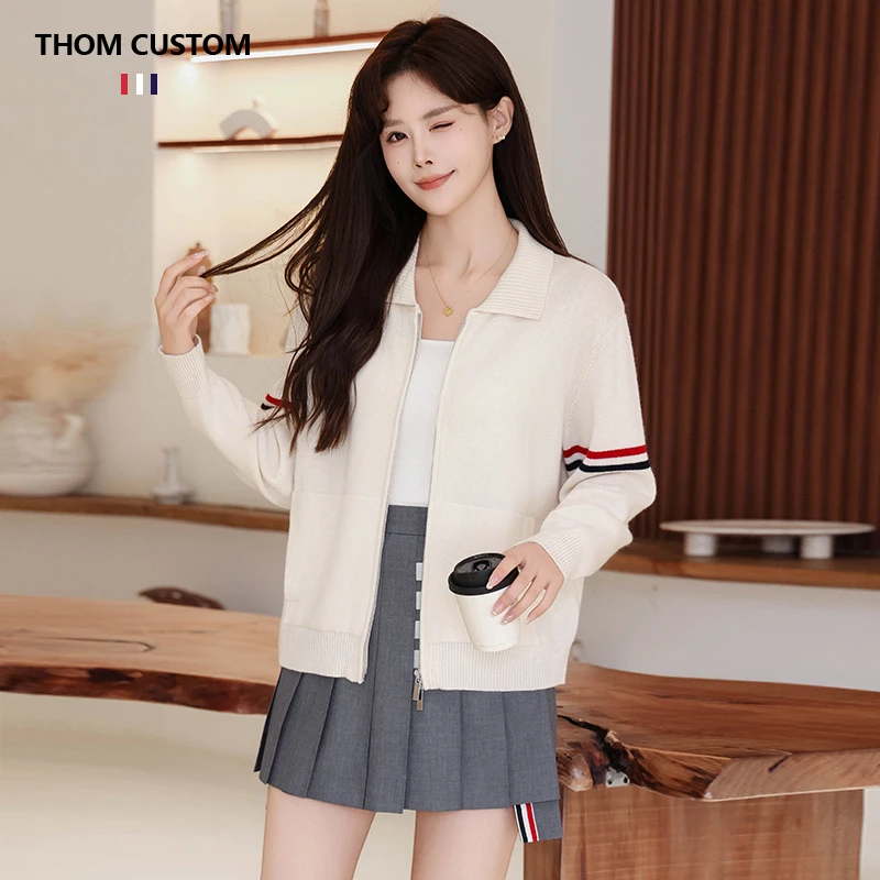 2025新款秋冬翻领双头拉链学院风显瘦百搭羊毛针织长袖开衫外套