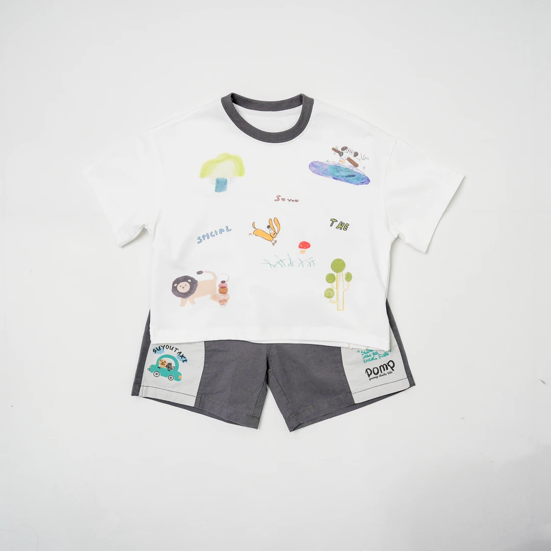 休闲中性韩版透气短袖男夏季T恤卡通风明线装饰 卡通动物短袖套装