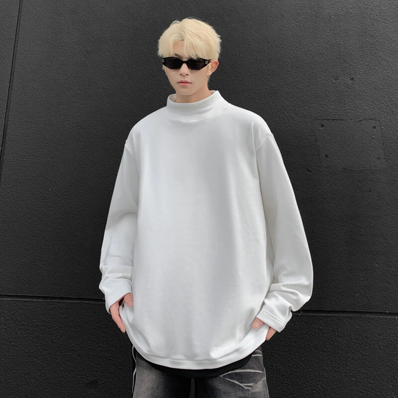 HT24959港风潮牌冬季保暖情侣百搭半高领假两件德绒打底长袖t恤