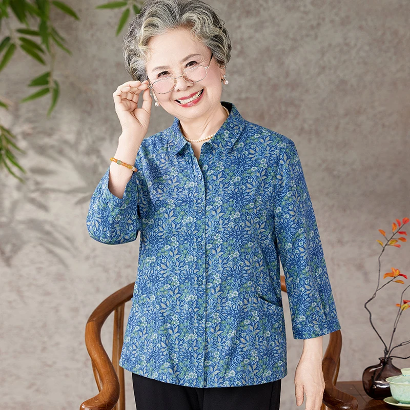 中老年人妈妈夏季纯棉衬衫上衣25年夏装奶奶宽松全棉衬衣婆婆衣服