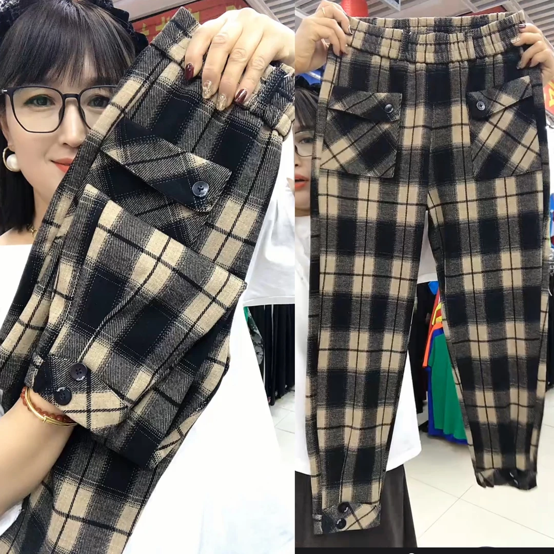 女士百搭显瘦格子休闲裤宽松束脚哈伦小脚马丁裤春秋款