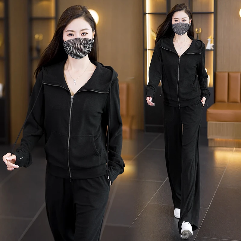 2025春秋新款大码显瘦连帽运动套装设计感时尚宽松洋气上衣阔腿裤