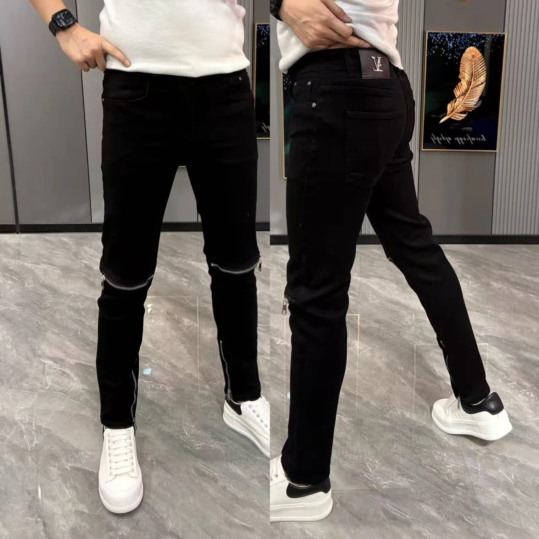 男裤黑色膝盖一字拉链机车牛仔裤男冬季新款修身小脚裤休闲长裤男