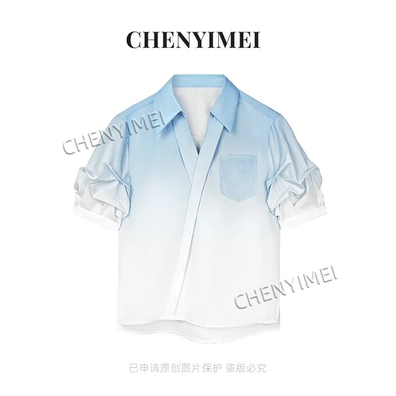 CYM1619蓝色渐变V领短袖衬衫女夏季新款气质衬衣职场