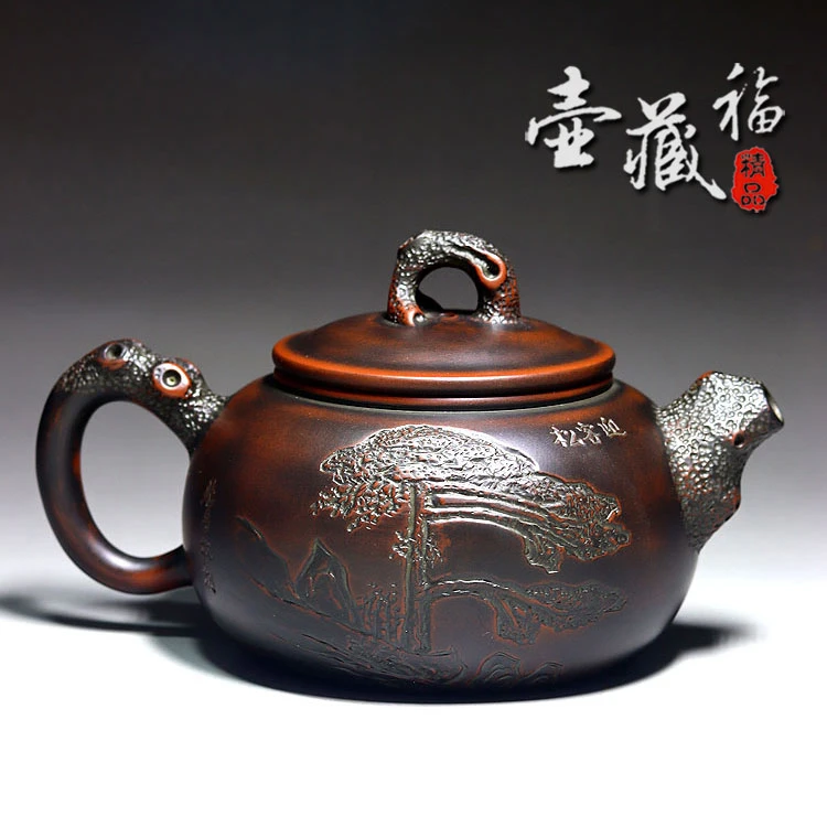仿古壶迎客松黎昌权壶藏福坭兴陶茶壶纯手工精品古铜全手工高品质