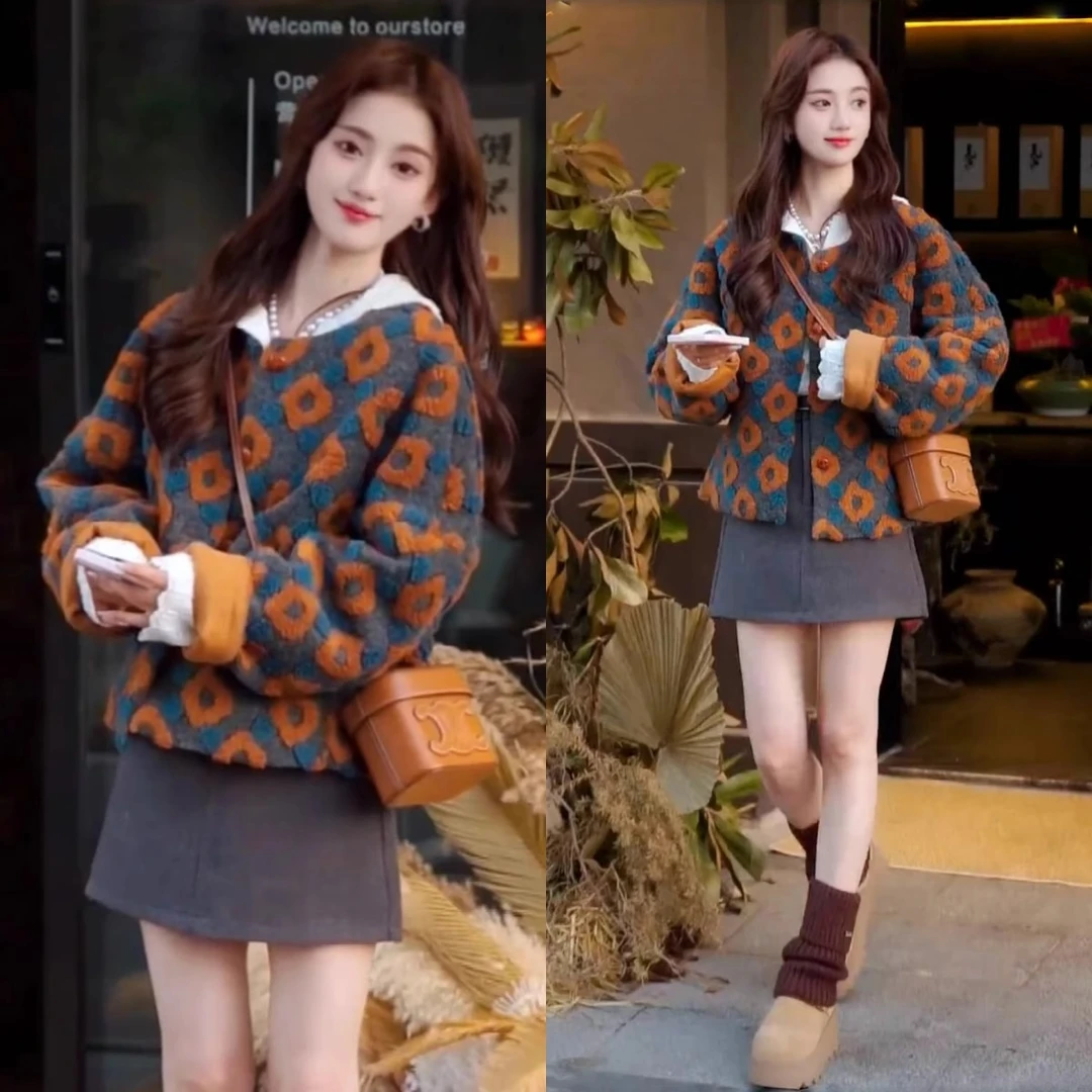 韩系时尚立体花朵保暖夹棉外套女2024冬季小香风洋气减龄短款上衣