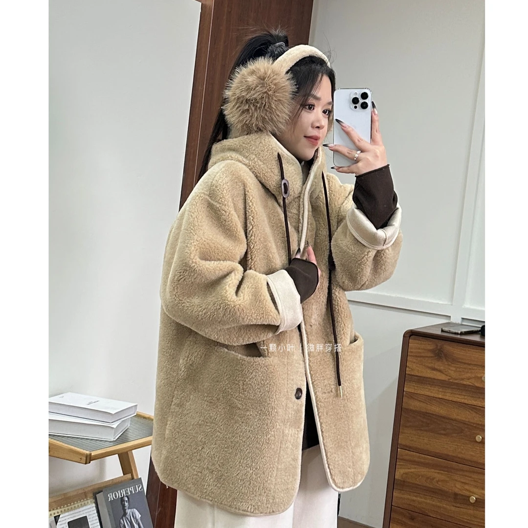 【一颗小叶】冬季皮毛一体宽松版型连帽外套时尚百搭气质显瘦上衣