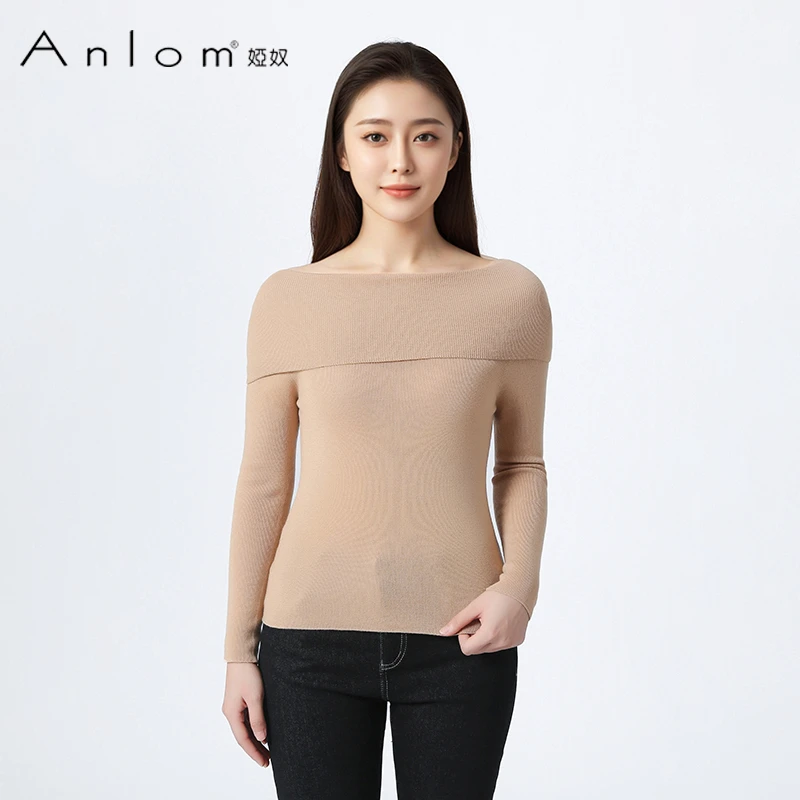 Anlom/娅奴小众气质温柔针织打底衫一字领堆堆领显瘦绵羊毛针织衫