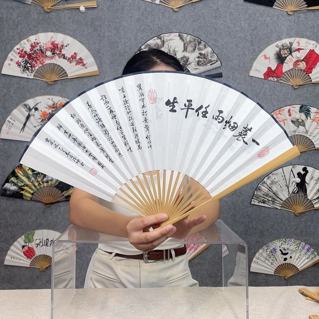 国画95寸水磨玉竹纯手绘-文玩扇骨（默认粘好）