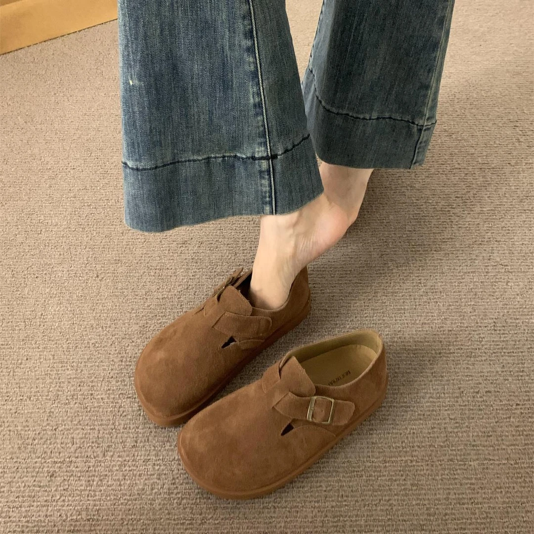 复古丑萌勃肯鞋女秋冬新款森系平底单鞋一脚蹬圆头软底豆豆鞋