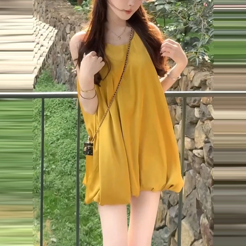 小个子露肩无袖连衣裙子女夏装新款减龄高级感超好看花苞蓬蓬裙潮