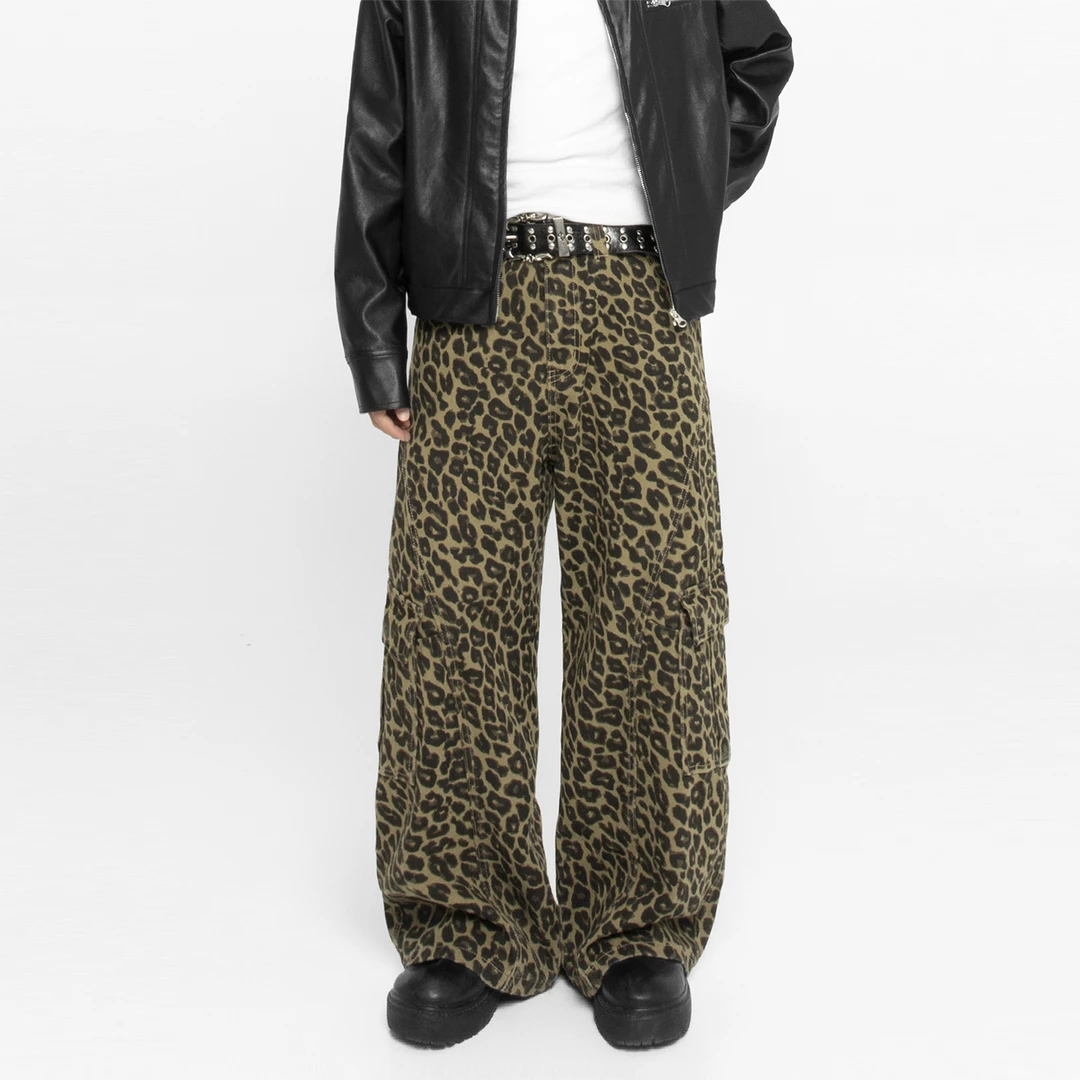 US5自制 复古风豹纹工装裤宽松直筒阔腿裤松弛感垂感休闲裤子男女