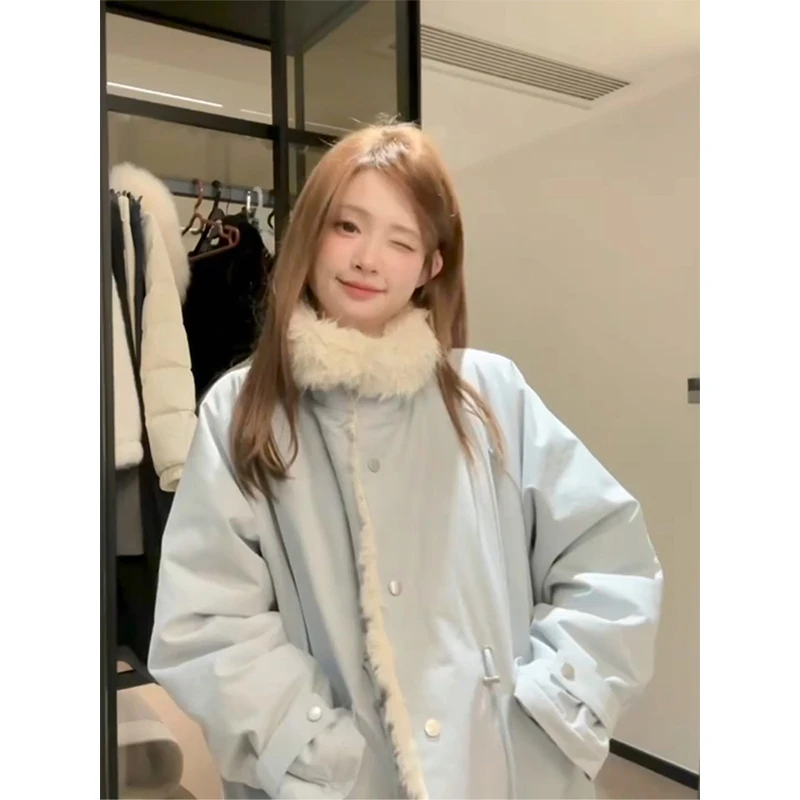 parkyeon浅蓝色高级感毛领棉衣棉服女宽松显瘦百搭加厚保暖外套