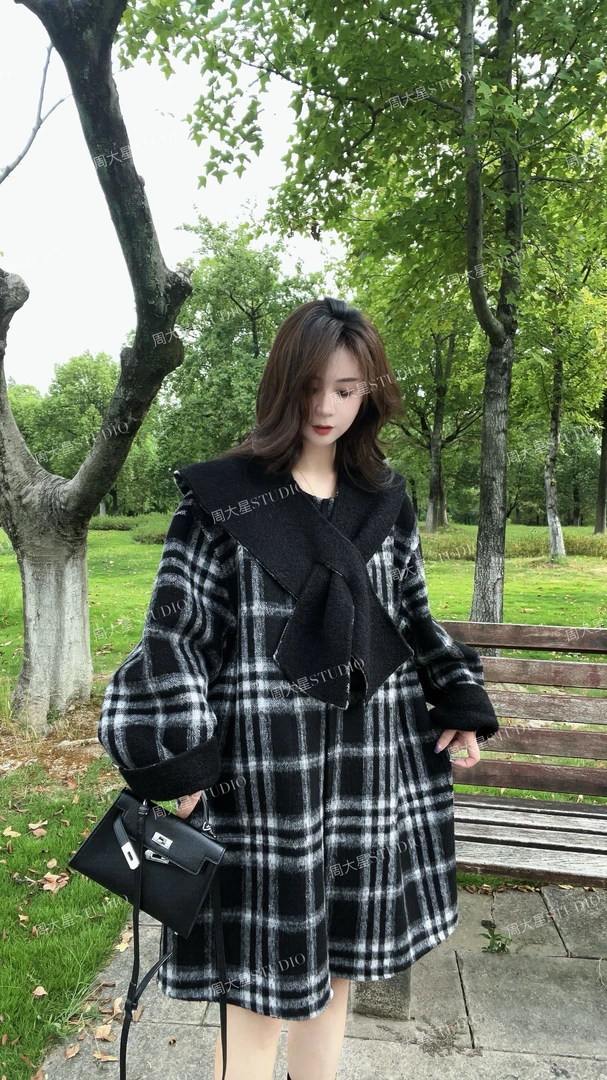 【周大星定制】苏力圈圈绒“大方格子系”海军领两面穿大衣H970