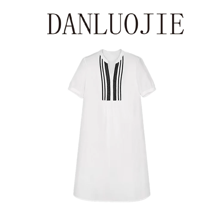 丹珞婕 浪漫千金 6A级桑蚕丝棉花边直筒优雅夏季短袖连衣裙