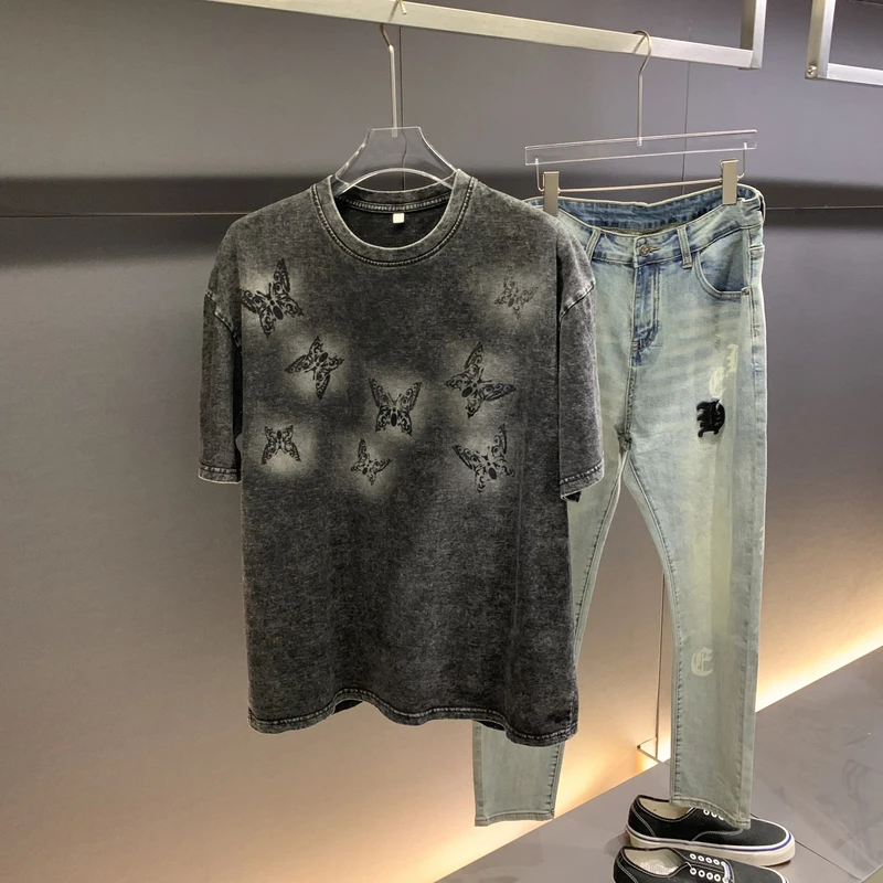 春夏休闲男女时尚水洗做旧蝴蝶印花短袖T恤单件