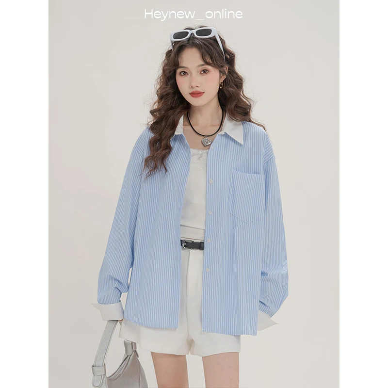 【年中宠粉福利】蓝色法式条纹撞色衬衫气质通勤内搭防晒上衣-5C168