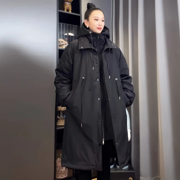 棉衣女假两件连帽中长款加厚冬季新款休闲宽松大码情侣款长款棉衣