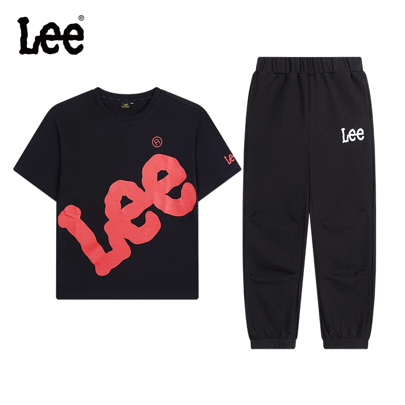 Lee儿童夏季薄款纯棉短袖套装T恤男童女童上衣裤子简约透气排汗