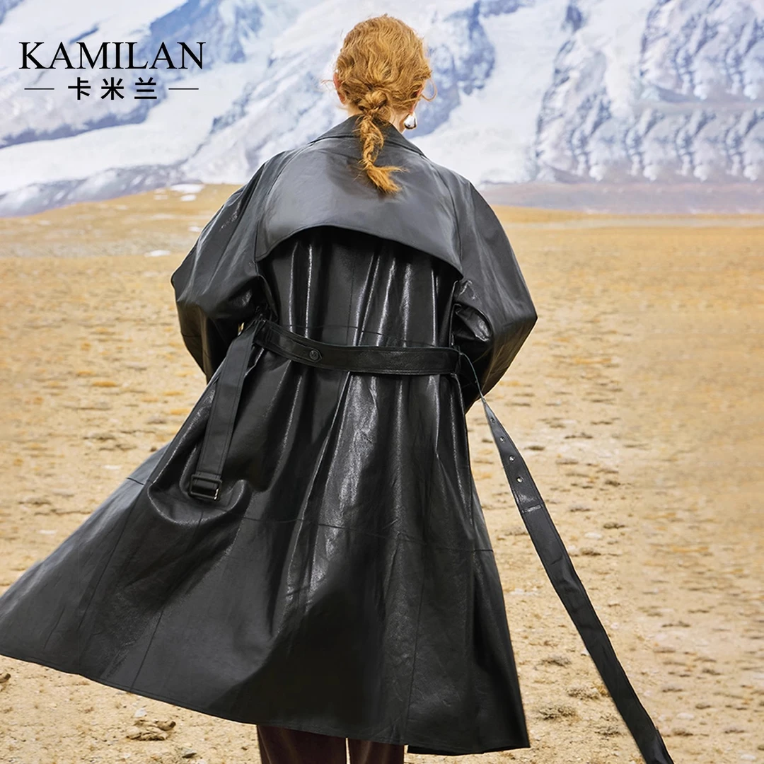 [绵羊皮]卡米兰真皮皮衣女2025秋季新款中长款系带绵羊皮风衣外套