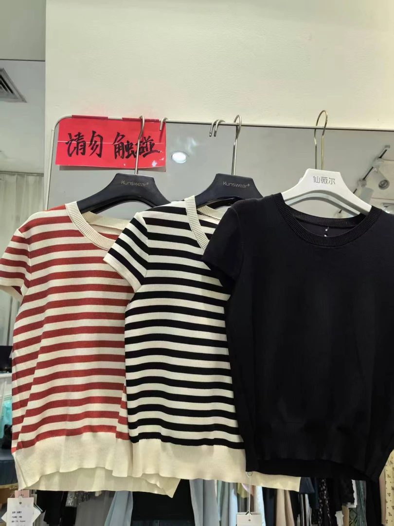 冰丝薄针织上衣服拼色条纹圆领女正肩短袖t恤衫50524