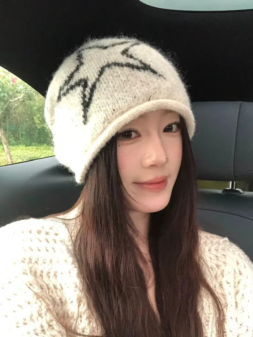 美式辣妹星星卷边针织堆堆帽子女2025新款秋冬百搭显脸小毛线冷帽