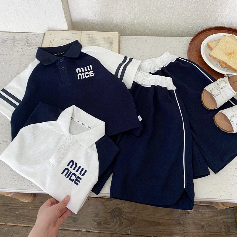 夏装男童套装2025夏季新款中大童学院风短袖Polo衫运动衣服潮