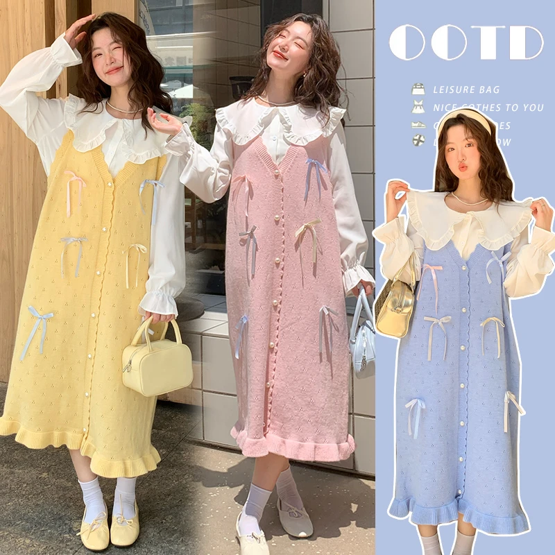 气质甜美孕妇装秋季套装新款镂空针织孕妇长袖上衣宽松外穿背心裙