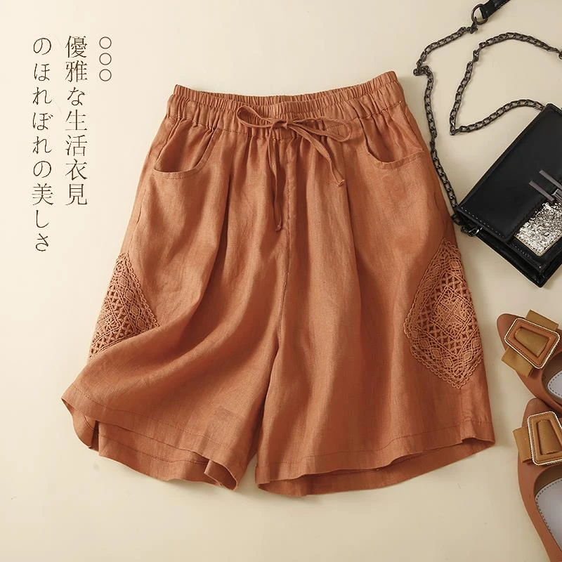 出口法国尾货捡漏宽松直筒棉麻短裤女松紧腰文艺亚麻阔腿五分中裤