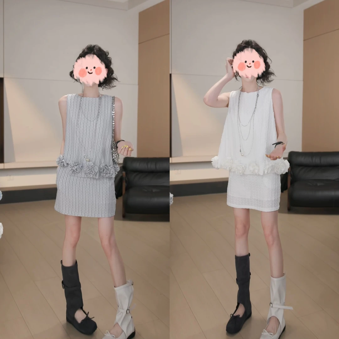 2025夏季新款设计感时尚洋气重工立体花无袖背心+纯色A字短裙套装