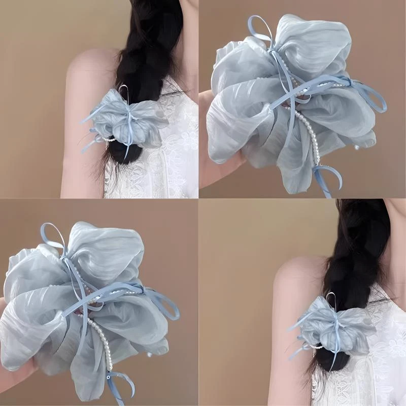 法式珍珠蝴蝶结网纱大肠发圈女发绳高级感头绳百搭发绳扎头发皮筋