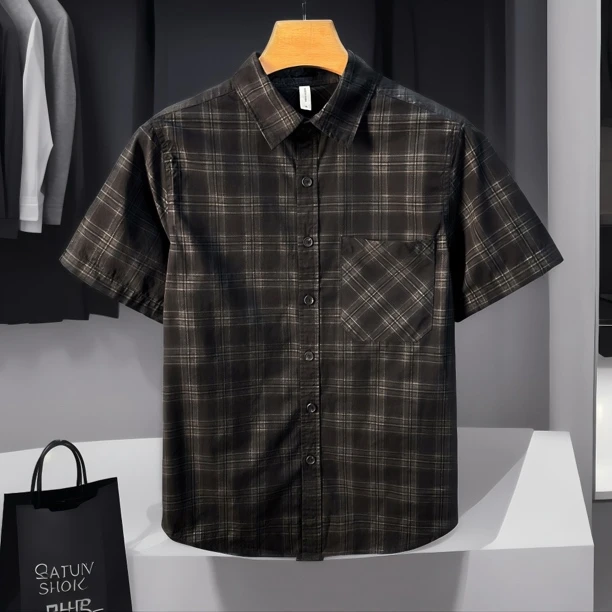 男士休闲格子衬衫短袖新款复古纯棉男宽松休闲短袖衬衣高品质半袖