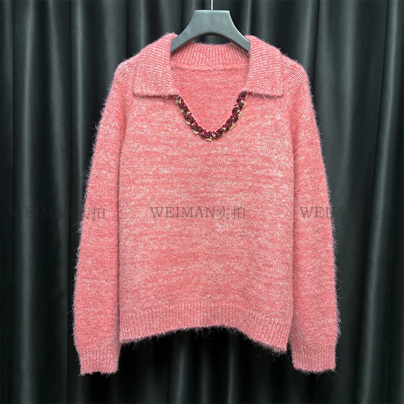 粉色V领毛衣女秋冬新款慵懒高级感外穿内搭温柔针织衫上衣cx7892