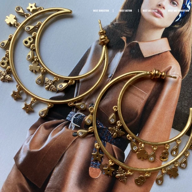 黄铜耳饰 轻奢复古做旧中古灵动吊坠耳圈06