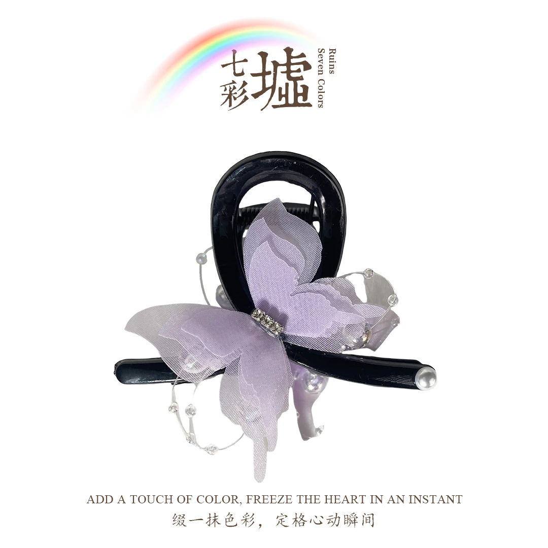 ZJ129 森系珠珠纺纱蝴蝶小抓夹女超仙侧边头发夹马尾辫发卡鲨鱼夹