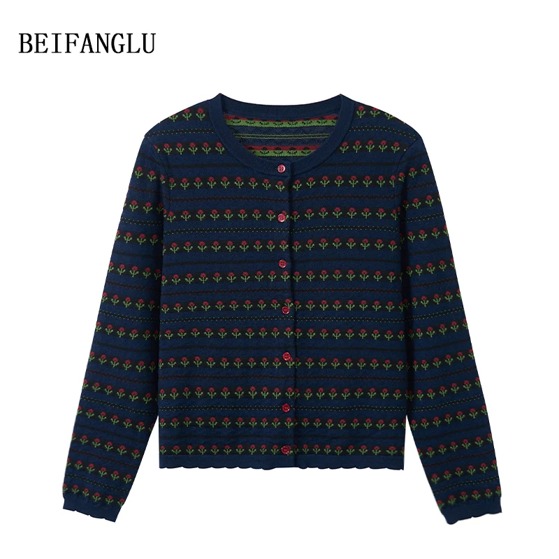 北方鹿【花园小衫】100绵羊毛早秋郁金香提花圆领针织开衫女251325