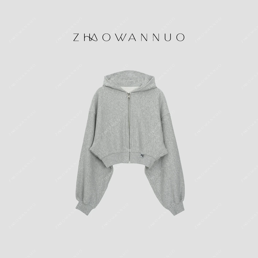 ZHAO WANNUO 丨 aw25早春短款高级感灰色连帽卫衣NC0277
