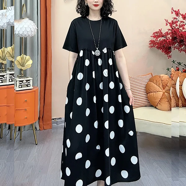 新款圆领短袖大码拼接波点中长款妈妈装夏季休闲显瘦连衣裙女111