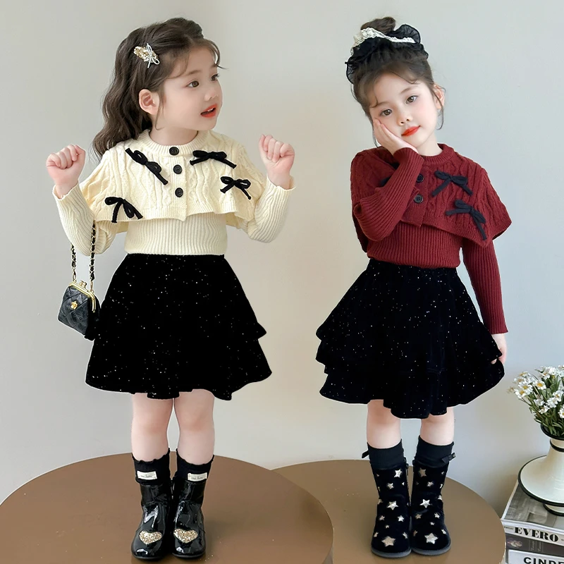 女童毛衣套装儿童洋气新款线衫丝绒裙两件套小女孩宝宝秋装2025新