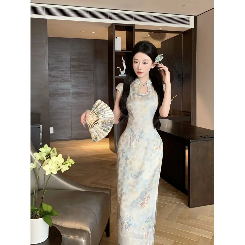 画报夫人新中式国风清冷感水滴领贝壳袖改良旗袍连衣裙女气质修身