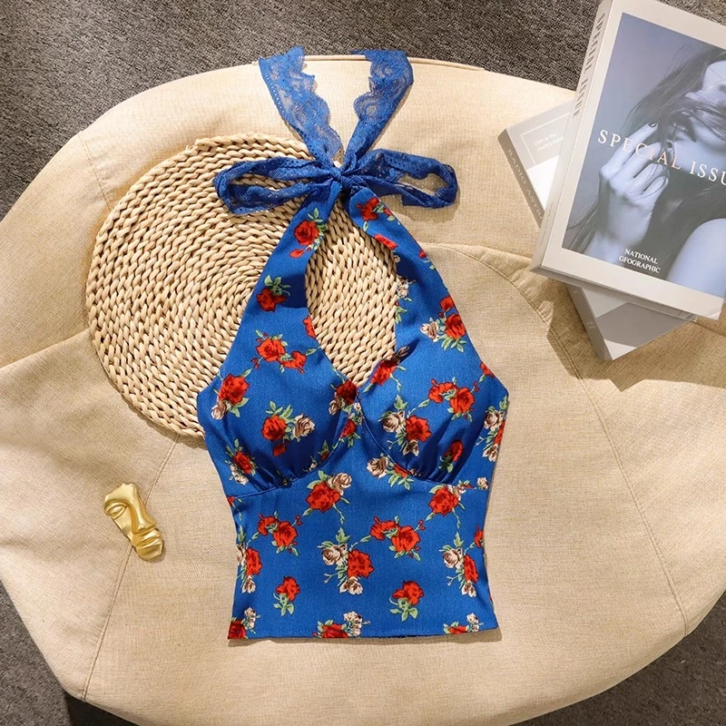 泰式碎花挂脖吊带背心女2025新款夏外穿胸垫露背辣妹穿搭无袖上衣