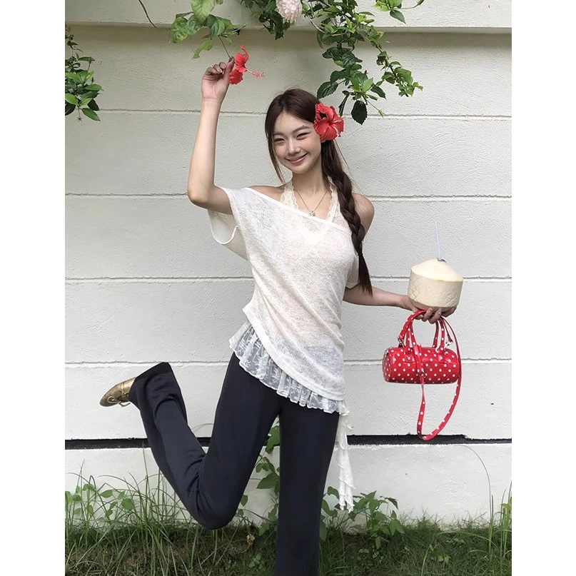 纯欲风不规则挂脖蕾丝吊带叠穿薄款T恤2025夏季新款上衣两件套女
